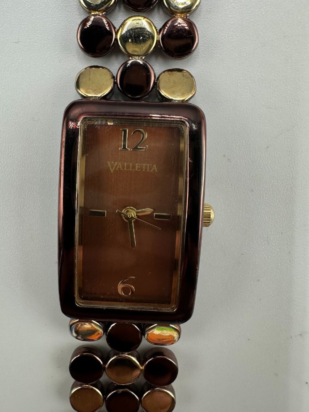 3/$30 Valletta Watch Women Gold Brown Two Tone Circle Link Band Rectangle
